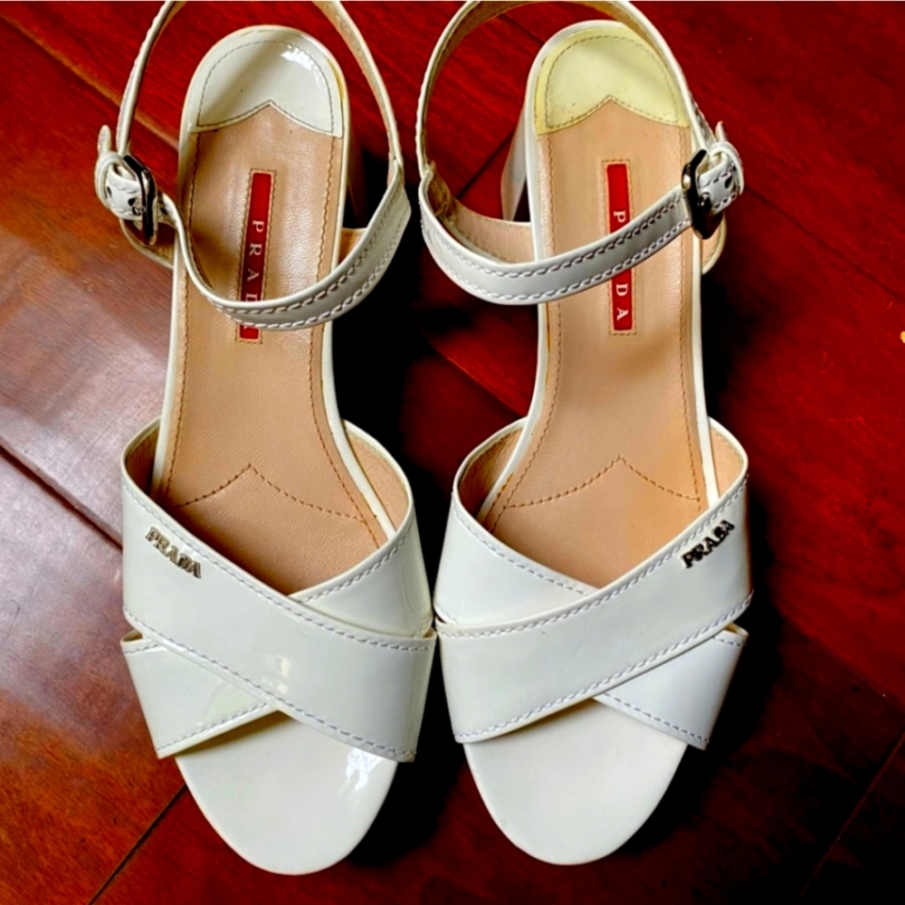 Prada Platform White Patent Leather Block Heel Sandal Shoes